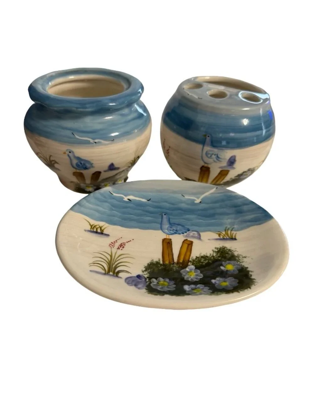 Vintage Coastal Ceramic Bathroom Set Seagull Toothbrush Holder Vanity Tray Blue